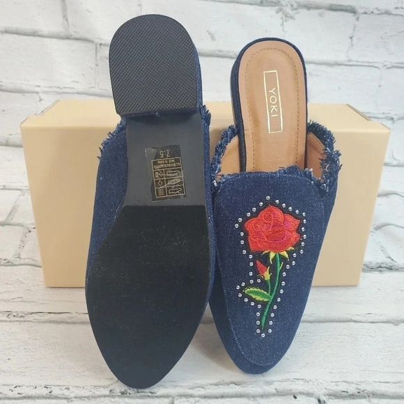 YOKI Willas 71 DARK DENIM Low Heal Slip On Embroidery Rose Beauty Beast Shoes - Picture 9 of 14